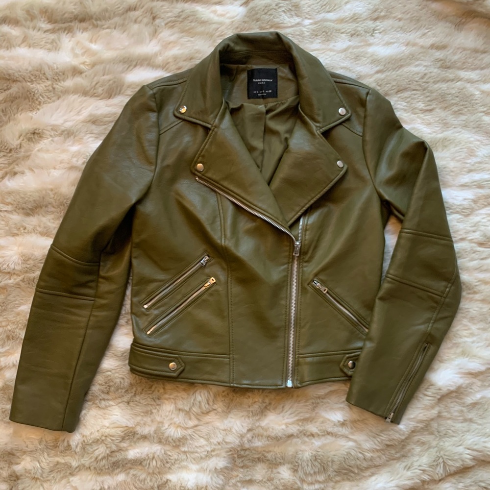 Zara Olive Green Vegan Leather Jacket - Picture 1 of 8